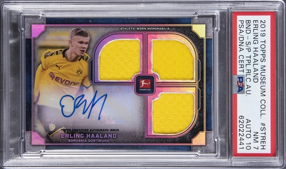 2019-20 Topps Museum Collection Bundesliga Triple Relic Auto #STREH Erling Haaland Signed Rookie Triple Jersey Card (#32/35) - PSA NM 7, PSA/DNA 10 POP 1